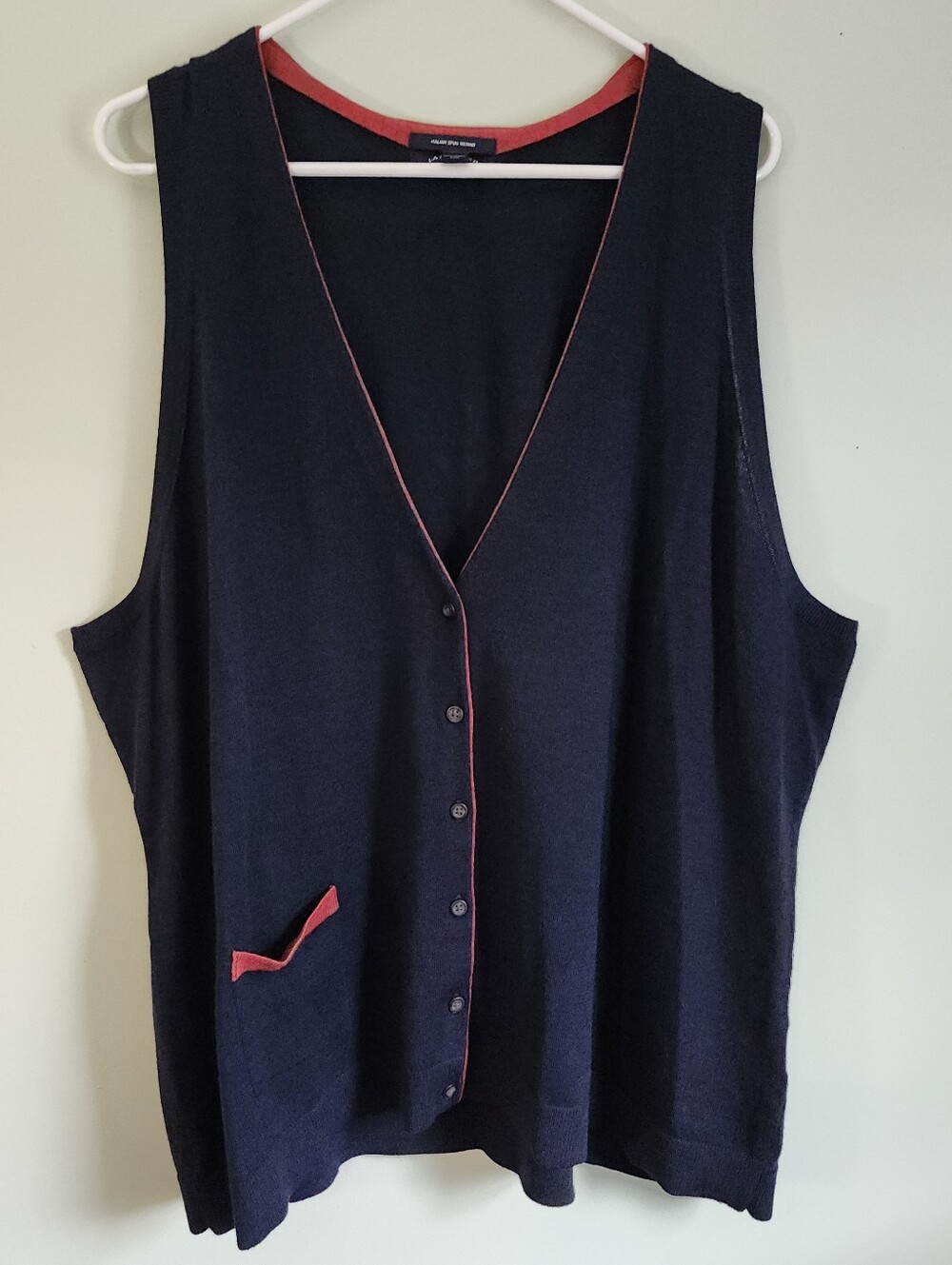 Lands' End Italian Spun Merino Wool Sweater Vest Navy/Red Trim Wms Sz 3X 24-26W